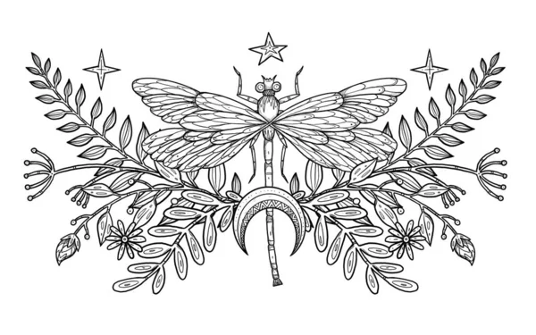 Boho Böcek Çizimi. El yapımı çizgili yusufçuk. Çiçek kompozisyonu. Vintage elementi. Wiccan ve pagan sanatı. Dekoratif bir doğa. Beyazda izole edilmiş