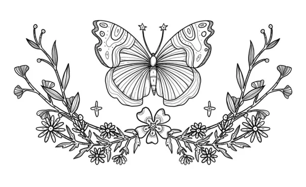Boho insect illustration. Hand-drawn butterfly. Line-art moth. Floral composition. Vintage element. Wiccan and pagan art. Decorative nature. Isolated on white