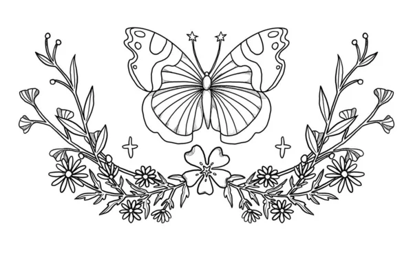 Boho insect illustration. Hand-drawn butterfly. Line-art moth. Floral composition. Vintage element. Wiccan and pagan art. Decorative nature. Isolated on white