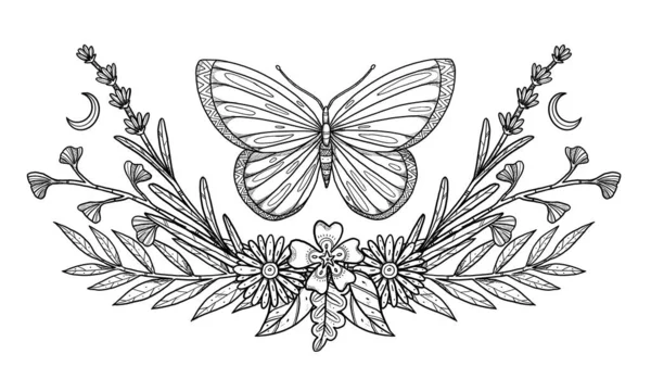 Illustration Insectes Boho Papillon Dessiné Main Papillon Nuit Composition Florale — Photo