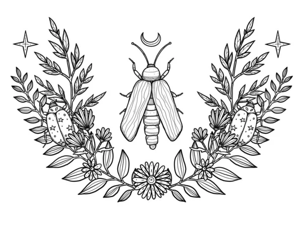Boho Line Art Insektenillustration Handgezeichnete Glühwürmchen Und Marienkäfer Florale Komposition — Stockfoto