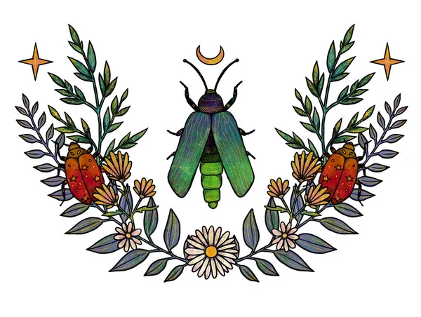 Boho Farbige Insektenillustration Handgezeichnete Glühwürmchen Und Marienkäfer Florale Komposition Vintage — Stockfoto