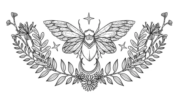 Boho Hmyzí Ilustrace Ručně Kreslená Čára Art Cicada Květinové Složení — Stock fotografie