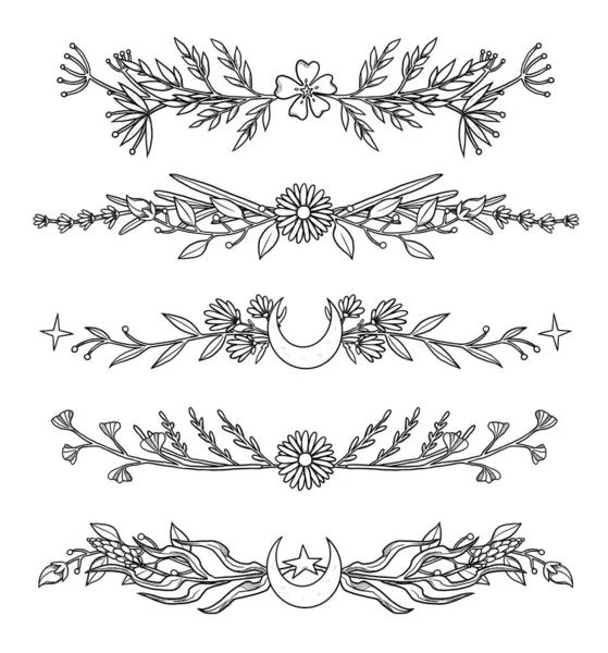 ブーフラワーコンポジション 手描きのラインアートセット 花のイラスト ヴィンテージ要素 ウィッカンと異教の芸術 装飾的な性質 白に隔離される — ストック写真