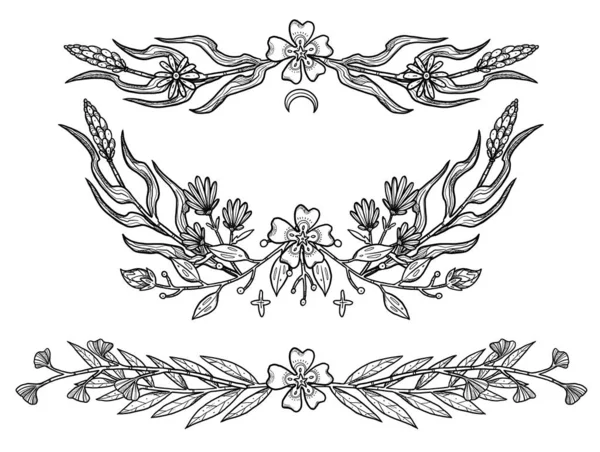 Boho Flower Compositions Hand Drawn Black White Set Floral Illustrations — Stock Photo, Image
