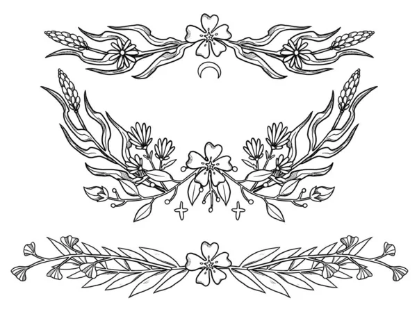 Boho Flower Compositions Hand Drawn Line Art Set Floral Illustrations — Stock Photo, Image
