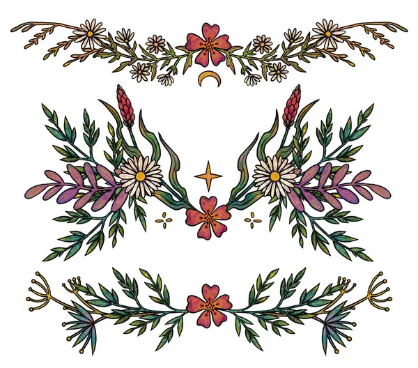 ブーフラワーコンポジション 手描きのカラーセット 花のイラスト ヴィンテージ要素 ウィッカンと異教の芸術 装飾的な性質 白に隔離される — ストック写真