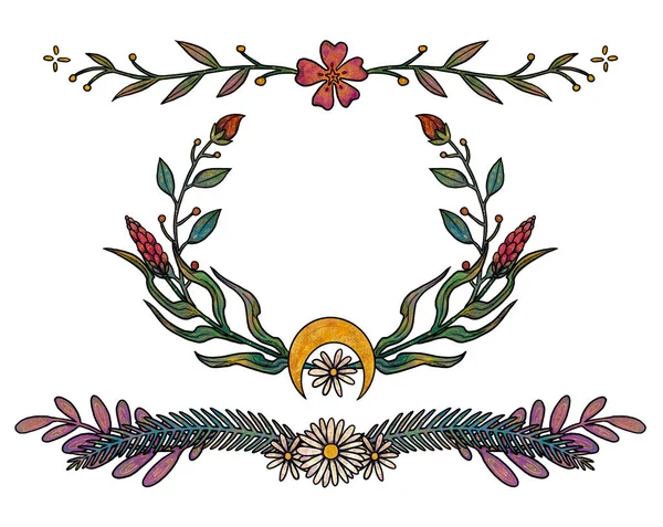 Boho Blume Kompositionen Handgezeichnetes Farbset Florale Illustrationen Vintage Elemente Wiccan — Stockfoto