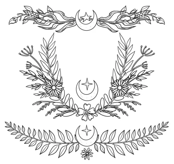 ブーフラワーコンポジション 手描きのラインアートセット 花のイラスト ヴィンテージ要素 ウィッカンと異教の芸術 装飾的な性質 白に隔離される — ストック写真