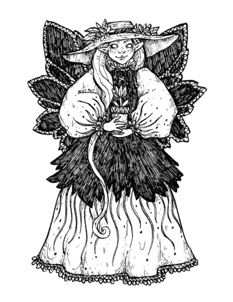 フェアリーの妖精インクのキャラクター 小さな自然の魔法使い 装飾的なイラスト ポストカード ステッカー 織物のためのハロウィーン印刷物 黒と白のスタイリッシュな図面 民族アートワーク ヴィンテージ — ストック写真