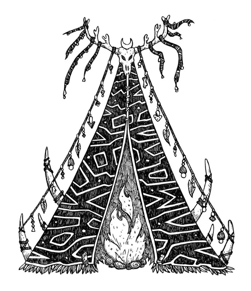 Сказочный Чернильный Дом Шамана Мистическая Палатка Поле Декоративная Иллюстрация Печать — стоковое фото