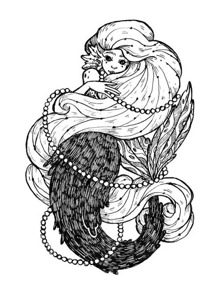 マーメイドの妖精インクキャラクター すばらしい水の精神でした 装飾的なイラスト ポストカード ステッカー 織物のためのハロウィーン印刷物 黒と白のスタイリッシュな図面 民族アートワーク ヴィンテージ — ストック写真