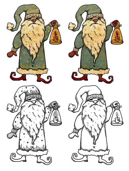 Söt Julkaraktär Vintage Gnome Färgad Gyllene Och Line Art Handritade — Stockfoto