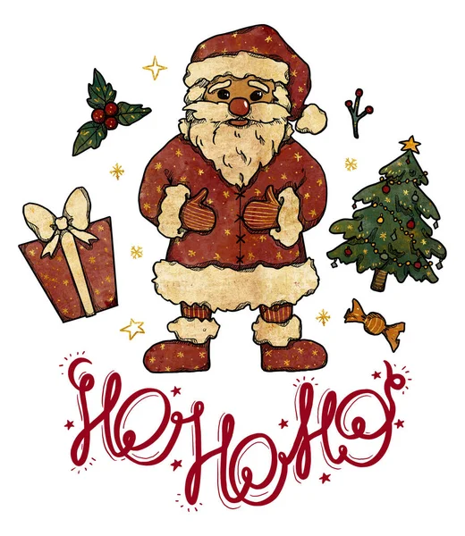 Sevimli Mutlu Noeller ve mutlu yıllar. El yapımı tatil kartı. Samimi Noel Baba. Noel renkli illüstrasyon. Antika elementler. Beyazda izole edilmiş.