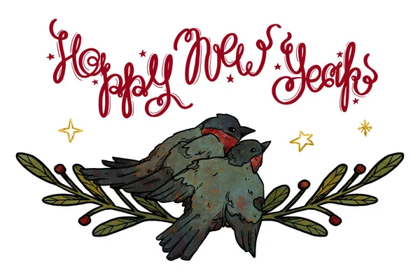 Hoş Bir Yeni Yıl Tebriği Yapımı Tatil Kartı Samimi Kuşlar — Stok fotoğraf