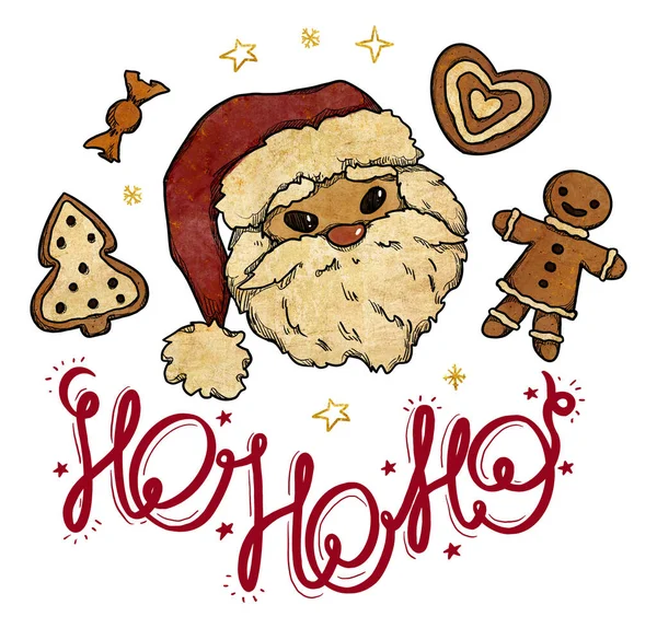 Sevimli Mutlu Noeller ve mutlu yıllar. El yapımı tatil kartı. Samimi Noel Baba portresi. Dekoratif Noel renkli illüstrasyon. Antika elementler. Beyazda izole edilmiş.