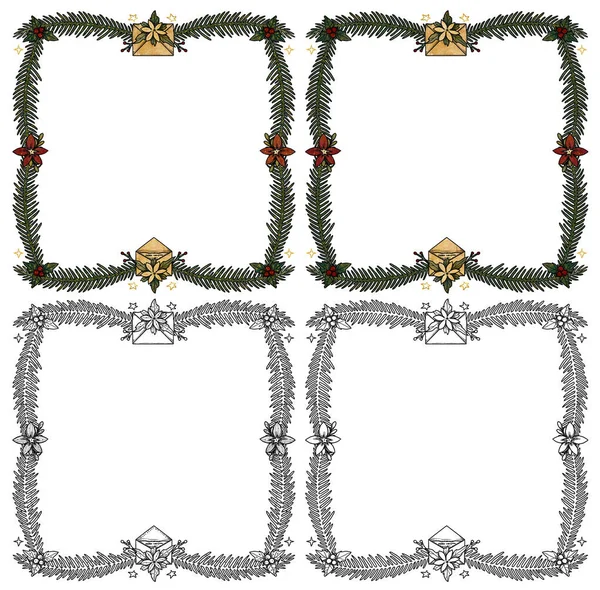Різдвяні Новорічні Рамки Рука Намальована Старовинними Ілюстраціями Кольорові Лінійні Версії — стокове фото