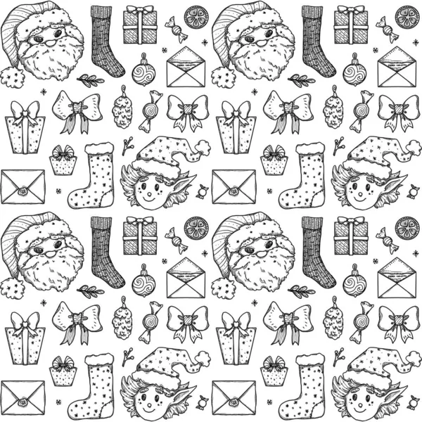 Hand Drawn Decorative Line Art Christmas Pattern Santa Clause Elf — Stock Photo, Image