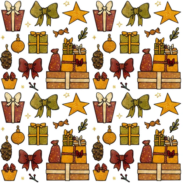Color Dibujado Mano Patrón Navidad Oro Regalos Decoración Lindos Elementos —  Fotos de Stock