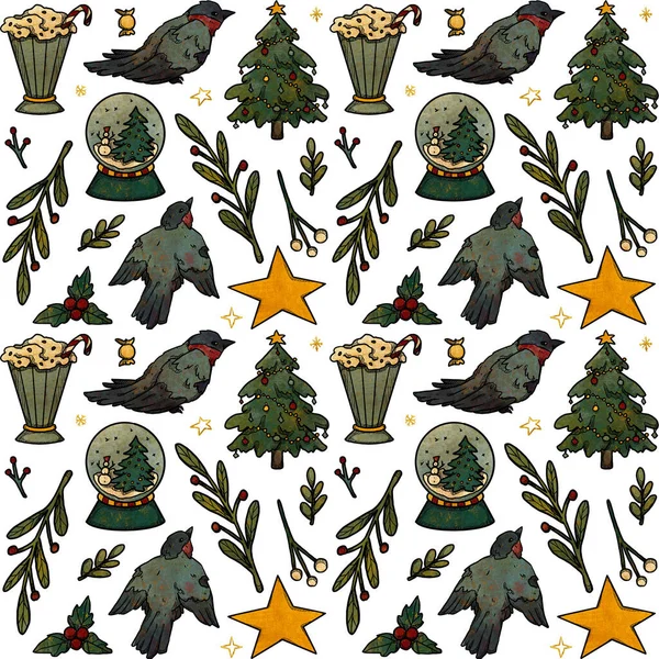 Ručně Kreslený Barevný Vánoční Vzor Sněžné Ptáky Vánoční Stromky Vánoční — Stock fotografie