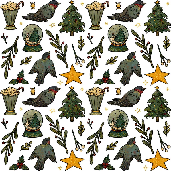 Ručně Kreslené Barvy Zlatý Vánoční Vzor Sněžné Ptáky Vánoční Stromky — Stock fotografie