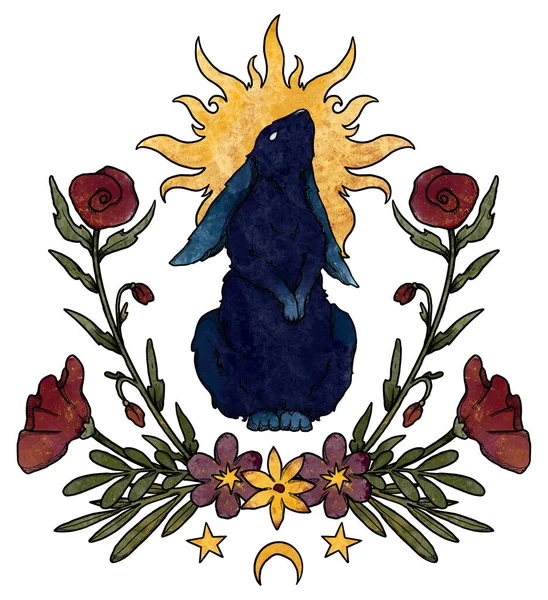 Mysterieuze Konijnen Compositie Zon Bloemen Blauw Konijn Decoratief Silhouet Boho — Stockfoto
