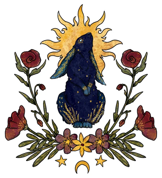 神秘的兔子组合 太阳和花朵 蓝色和金色的兔子 装饰轮廓 Boho和古董收藏品 巫术和异教艺术 装饰的性质 与白种人隔离 — 图库照片