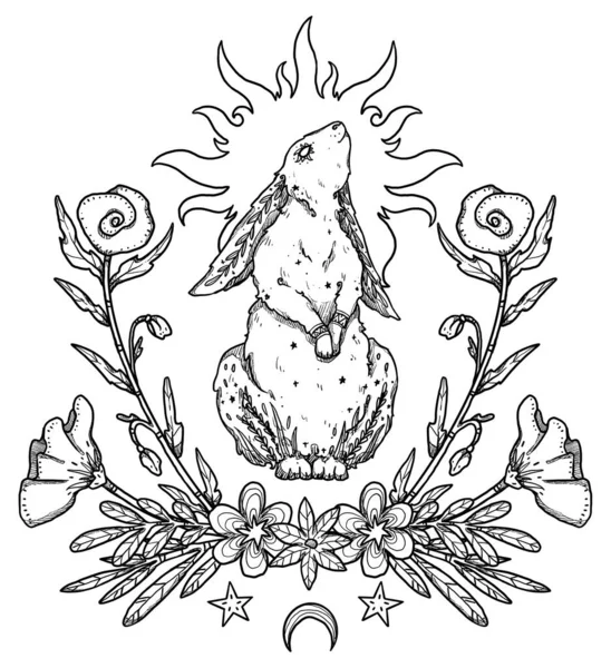 神秘的兔子组合 太阳和花朵 兔子的装饰线条艺术 Boho和古董花卉收藏 巫术和异教艺术 装饰的性质 与白种人隔离 — 图库照片