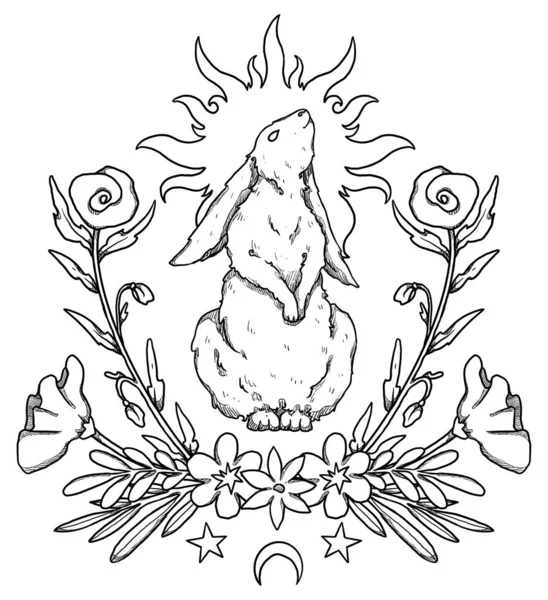 Таємнича Композиція Кроликів Сонце Квіти Лінійне Мистецтво Кролика Декоративний Квітковий — стокове фото