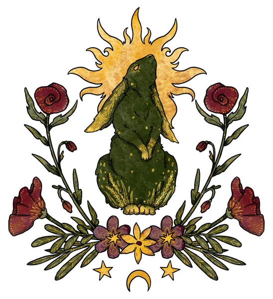 Tajemnicza Kompozycja Królików Słońce Kwiaty Zielony Złoty Królik Dekoracyjna Sylwetka — Zdjęcie stockowe