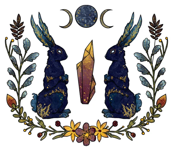 Geheimnisvolle Kaninchenkomposition Mond Und Kristall Blauer Und Goldener Hase Dekorative — Stockfoto