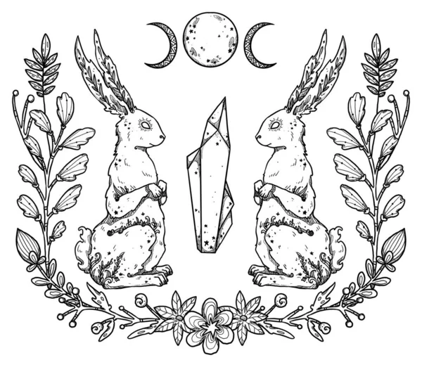 神秘的兔子组合 月亮和水晶 兔子的装饰线条艺术 Boho和古董花卉收藏 巫术和异教艺术 装饰的性质 与白种人隔离 — 图库照片