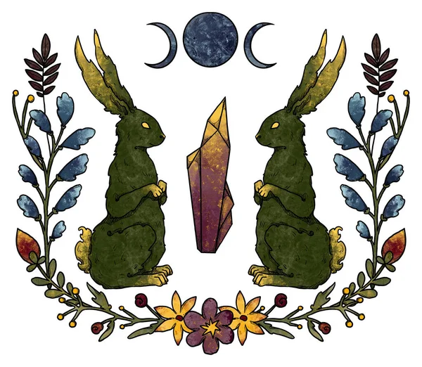 神秘的兔子组合 月亮和水晶 绿兔子 装饰轮廓 Boho和古董收藏品 巫术和异教艺术 装饰的性质 与白种人隔离 — 图库照片