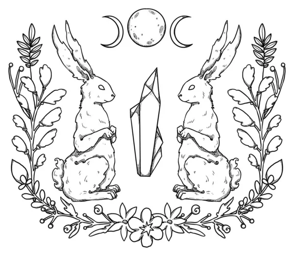 神秘的兔子组合 月亮和水晶 兔子的线条艺术 装饰花卉的轮廓 Boho和古董收藏品 巫术和异教艺术 装饰的性质 与白种人隔离 — 图库照片