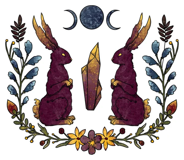 Geheimnisvolle Kaninchenkomposition Mond Und Kristall Roter Hase Dekorative Florale Silhouette — Stockfoto