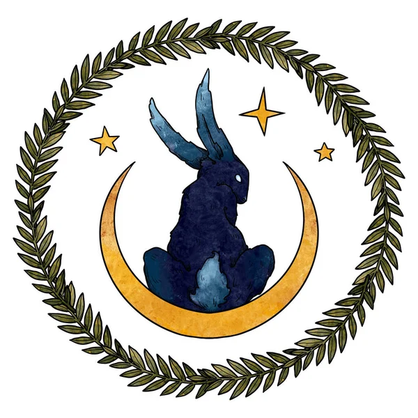 神秘的兔子组合 月亮和星星 蓝色兔子 装饰轮廓 Boho和古董收藏品 巫术和异教艺术 装饰的性质 与白种人隔离 — 图库照片