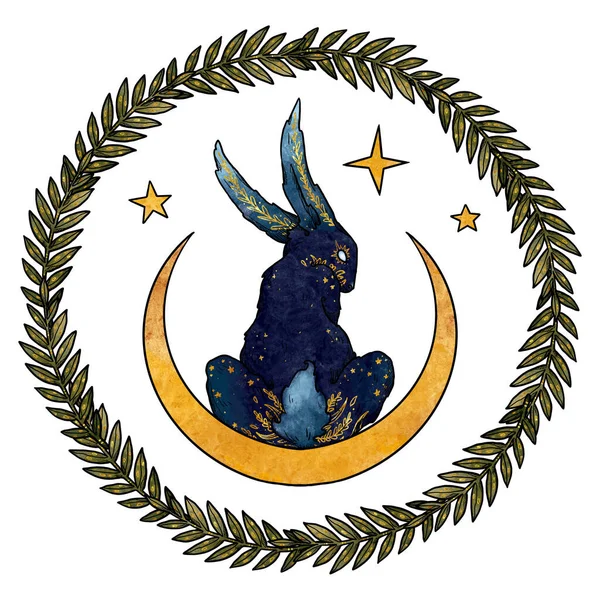 Composición Misteriosa Conejos Luna Estrellas Conejito Azul Dorado Silueta Decorativa —  Fotos de Stock