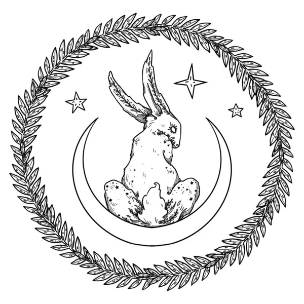 Misteriosa Composizione Conigli Luna Stelle Linea Decorativa Arte Coniglietto Collezione — Foto Stock