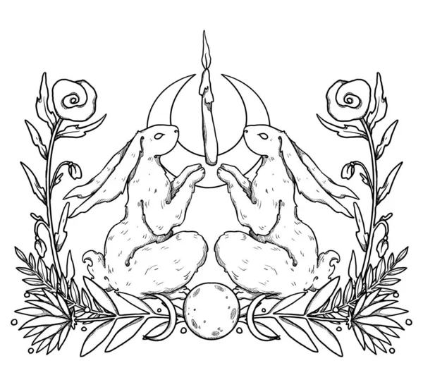 Таинственная Композиция Кроликов Луна Свеча Линейное Искусство Кролика Декоративный Цветочный — стоковое фото