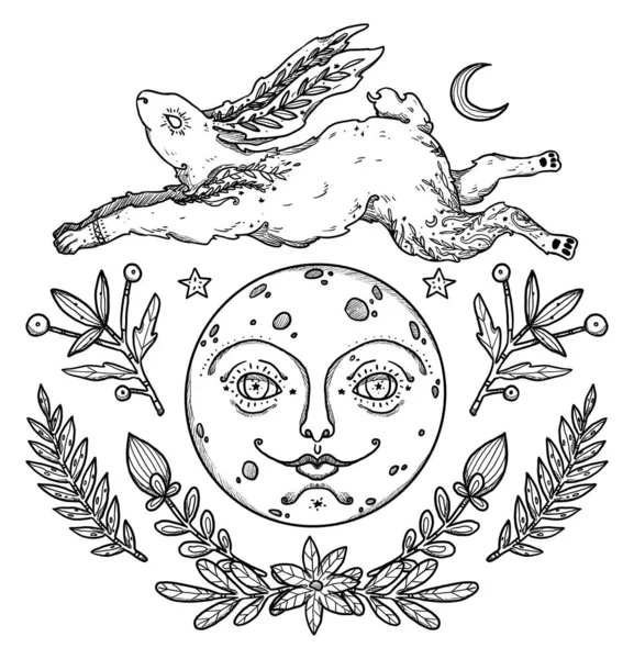神秘的兔子组合 月亮和花朵 兔子的装饰线条艺术 Boho和古董花卉收藏 巫术和异教艺术 装饰的性质 与白种人隔离 — 图库照片