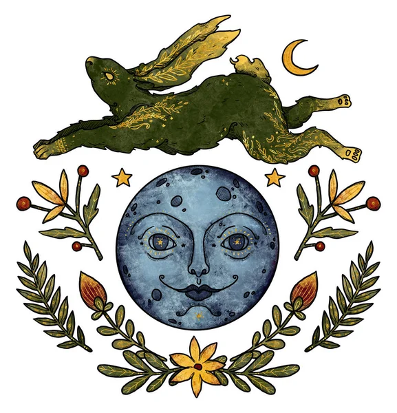 Mysterieuze Konijnen Compositie Maan Bloemen Groen Goud Konijn Decoratief Silhouet — Stockfoto