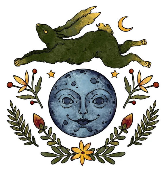 神秘的兔子组合 月亮和花朵 绿兔子 装饰轮廓 Boho和古董收藏品 巫术和异教艺术 装饰的性质 与白种人隔离 — 图库照片