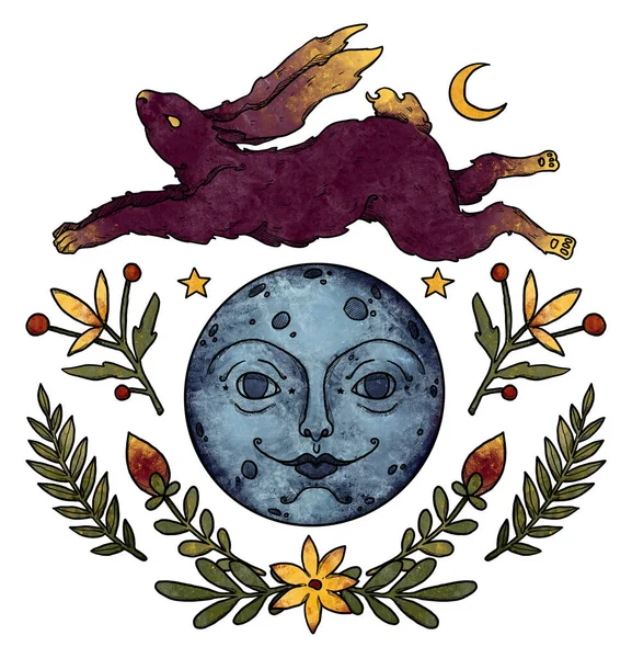 神秘的兔子组合 月亮和花朵 小红兔装饰花卉的轮廓 Boho和古董收藏品 巫术和异教艺术 装饰的性质 与白种人隔离 — 图库照片