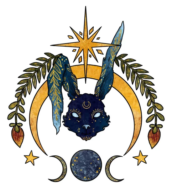 神秘的兔子组合 月亮和星星 蓝色和金色的兔子 装饰轮廓 Boho和古董收藏品 巫术和异教艺术 装饰的性质 与白种人隔离 — 图库照片