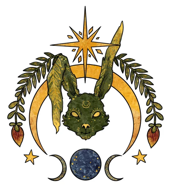 神秘的兔子组合 月亮和星星 绿色和金色的兔子 装饰轮廓 Boho和古董收藏品 巫术和异教艺术 装饰的性质 与白种人隔离 — 图库照片