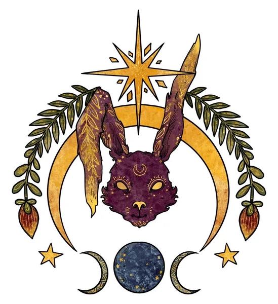 Geheimnisvolle Kaninchenkomposition Mond Und Sterne Roter Und Goldener Hase Dekorative — Stockfoto