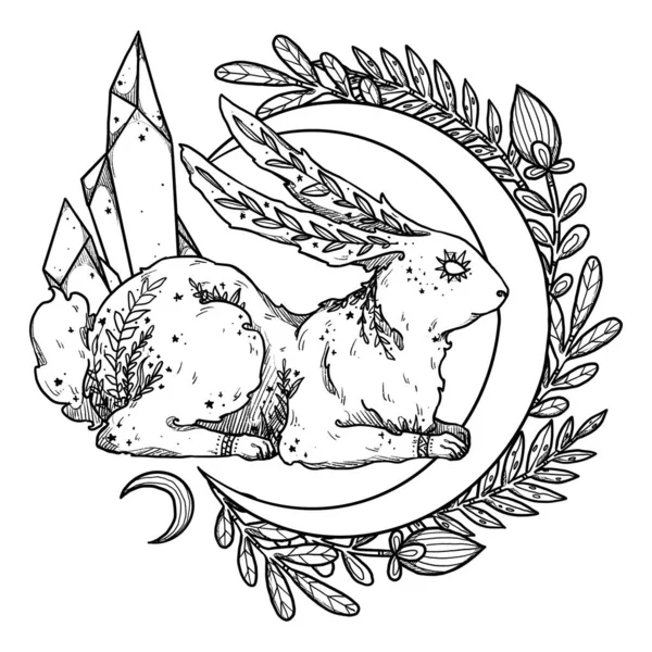 Misteriosa Composizione Conigli Cristalli Luna Linea Decorativa Arte Coniglietto Collezione — Foto Stock