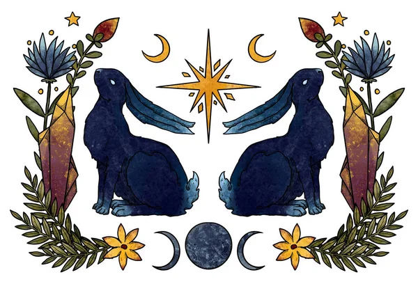 神秘的兔子组合 花和水晶 蓝色兔子 装饰轮廓 Boho和古董收藏品 巫术和异教艺术 装饰的性质 与白种人隔离 — 图库照片