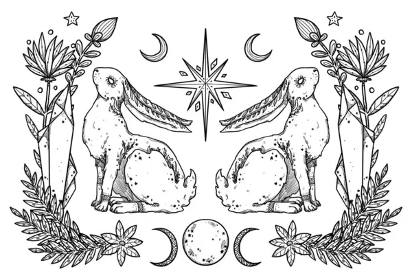 神秘的兔子组合 花和水晶 兔子的装饰线条艺术 Boho和古董花卉收藏 巫术和异教艺术 装饰的性质 与白种人隔离 — 图库照片