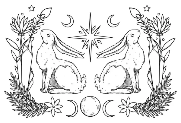 神秘的兔子组合 花和水晶 兔子的线条艺术 装饰花卉的轮廓 Boho和古董收藏品 巫术和异教艺术 装饰的性质 与白种人隔离 — 图库照片
